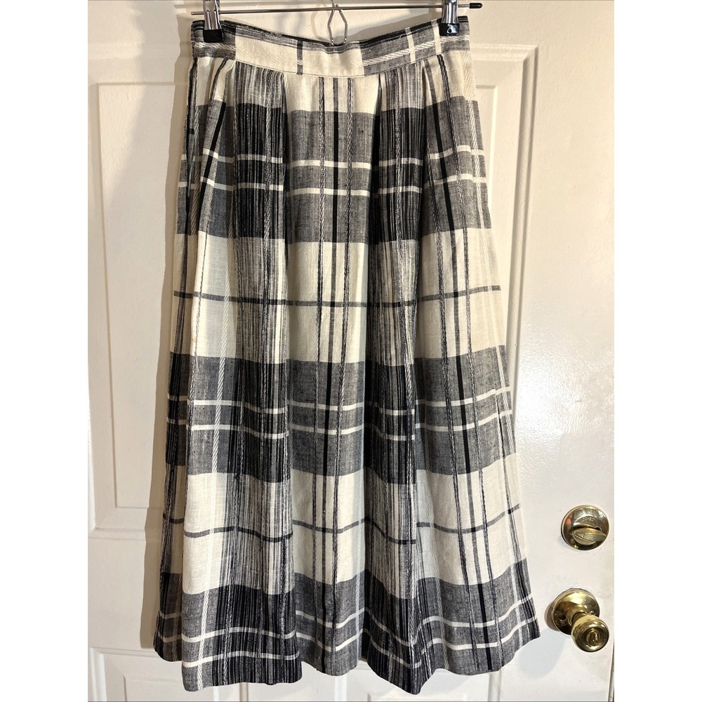Vintage Lloyd Williams Plaid Linen Blend Midi Skirt Cream Black VTG 4 XS‑S USA